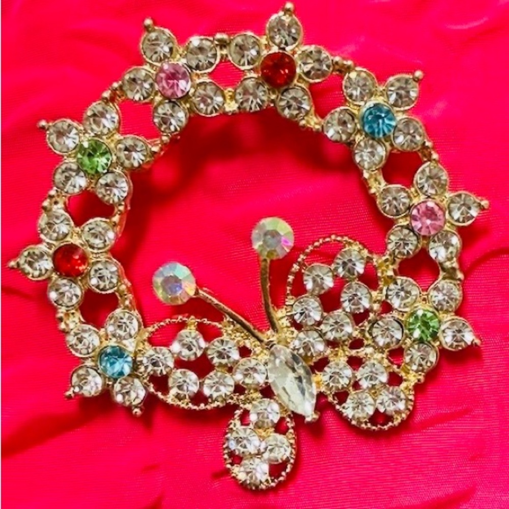 Elegant Gold Butterfly Brooch with Multicolor Crystals